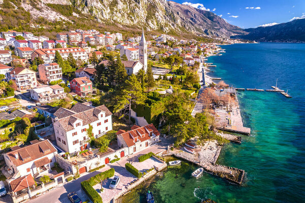 Scenic Boka Kotorska bay village of Dobrota aerial view, archipelago of Montenegro