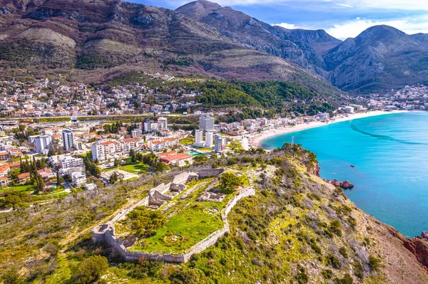 Cidade Sutomore Colina Fortaleza Vista Aérea Litoral Arquipélago Montenegro — Fotografia de Stock