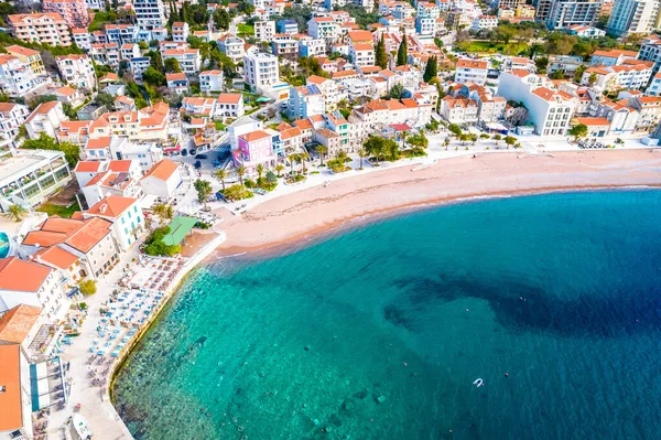 Cidade Petrovac Praia Costa Vista Aérea Arquipélago Montenegro — Fotografia de Stock
