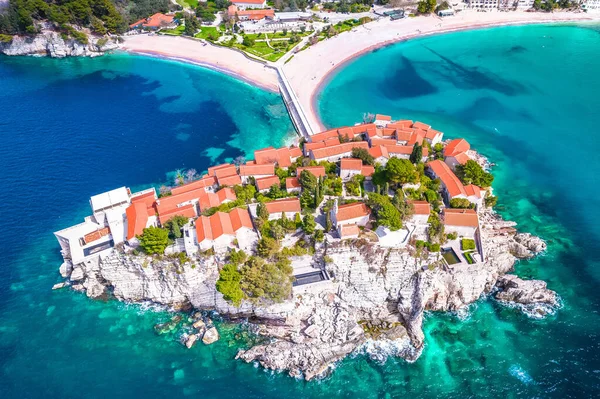 stock image Sveti Stefan historic island village and beach view, archipelago of Montenegro
