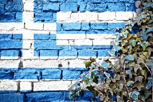 用常春藤植物把希腊国旗挂在砖墙上 国家象征概念 — 图库照片