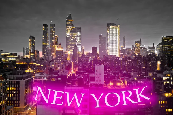 Epische Skyline Van New York City Met Roze Neon Teken — Stockfoto