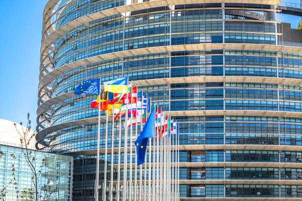 European countries flags in front of European Parliament building in Strasbourg view, Alsace region of France