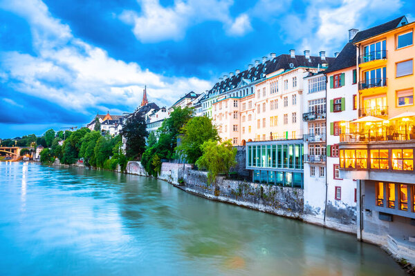 Basel historic waterfront and Rhine river architecture evening view, Switzerland