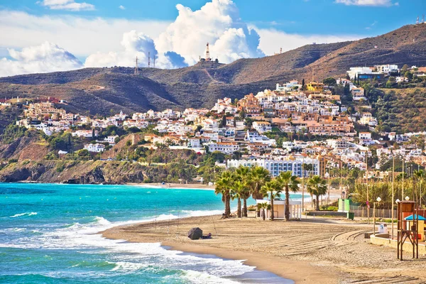 stock image Town of Nerja turquoise sand  beach view, Andalusia region of Spain