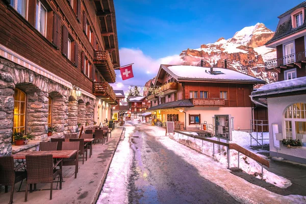 Idilli Alpesi Falu Murren Utcai Naplemente Kilátás Berner Oberland Régió Stock Kép