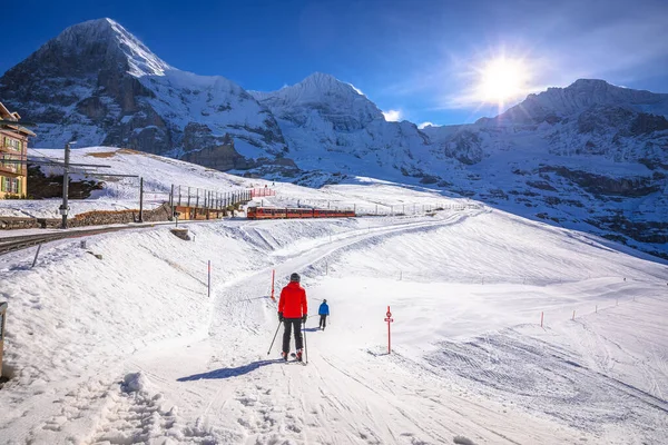 Skigebied Kleine Scheidegg Eigergletscher Alpenspoorweg Naar Jungrafujoch Berner Oberland Zwitserland Rechtenvrije Stockafbeeldingen