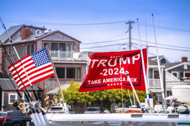 Rockport, Massachusetts, ABD, 19 Eylül 2024: Donald Trump 2024 Başkanlık aday bayrağı Rockport limanında, MA, ABD.