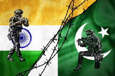 Hindistan ve Pakistan 'ın Grunge bayrakları dikenli tellere bölünmüş durumda, iki ülke arasındaki gerginlik kavramı