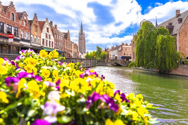 Bruges su kanalı ve tarihi köprü manzarası, Brugge eski kasaba bölgesi, Batı Flanders bölgesi, Belçika