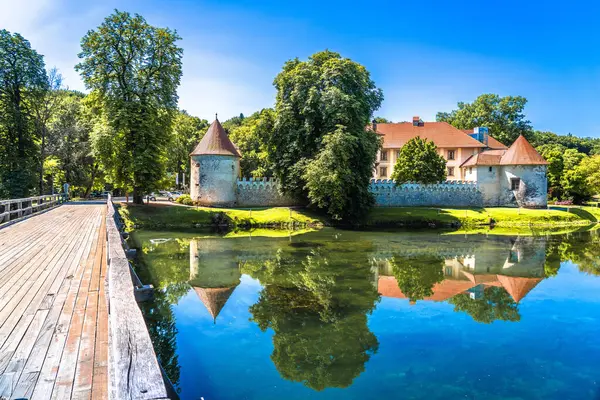 Otocec adası ve Krka Nehri manzaralı eski kasaba, orta Slovenya