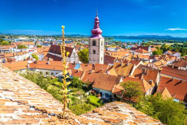 Slovenya 'nın Ptuj kentinin manzarası, güneşli bir günde kırmızı kiremitli çatıları, kilise kuleleri ve çevreleyen yeşil manzaralı tarihi eski kasabayı gösteriyor.