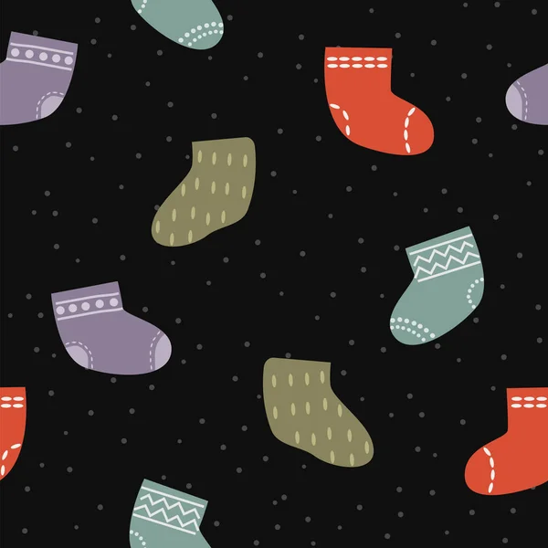 Cute Hand Drawn Christmas Socks Pattern Black Holiday Seamless Pattern — Stock Vector