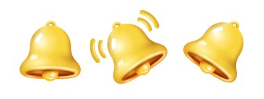 Sarı 3d bildirim çan simgesi beyaz arkaplanda izole edildi. Sosyal medya anımsatıcı için gerçekçi vektör simgesi