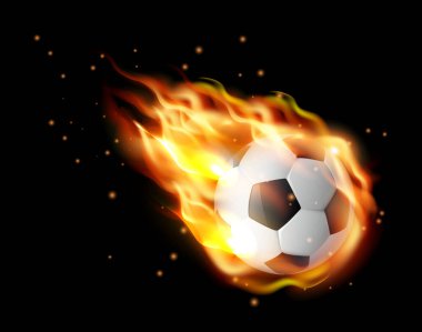 Futbol topu alev alev yanıyor, futbol topu ateş dilli. Vektör gerçekçi 3D biçim, spor envanteri, spor tasarım unsuru