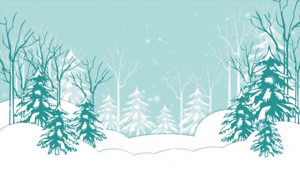 具有动画背景的圣诞销售卡 卡通人物松树林中的降雪 精美的动画节庆社交明信片5K — 图库视频影像