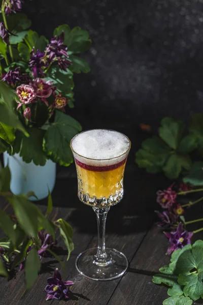 Verre Rafraîchissant Cocktail New York Sour Entouré Ingrédients Outils Bar — Photo