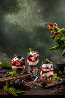 Yunan yoğurdu, böğürtlen reçeli, taze böğürtlen ve bardakta yabanmersini ile ev yapımı granola. Sağlıklı yemek, sağlıklı beslenme konsepti.