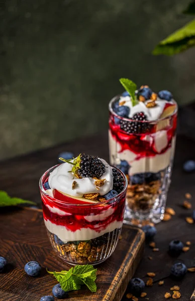 Homemade Granola Greek Yogurt Berries Jam Fresh Blackberries Blueberries Glasses — Stock Photo, Image