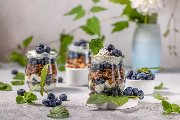 Homemade Granola Greek Yogurt Maple Syrup Fresh Blackberries Blueberries Glasses Stock Photo