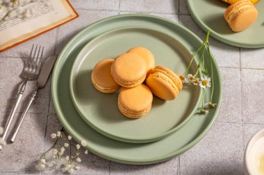 Canlı turuncu badem kurabiyeleri zarif yeşil tabaklar üzerinde güzel bir şekilde dizilmiş. Görsel olarak çekici bir sahne yaratıyor. Bu da harika bir aşçılık deneyimi olduğunu gösteriyor.