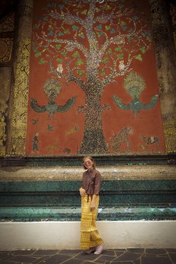 Wat xiangthong heykeli üzerinde güzel sanatların önünde duran kadın turist, Luangprabang 'ın Kuzey Laos' taki dünya mirası alanındaki en önemli ziyaretçi ilgi alanlarından biridir.