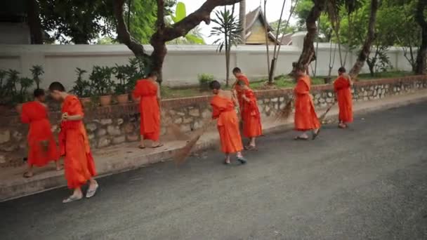 Luangprabang Lao July19 2023 Groep Novice Straat Naast Tempel Vroege — Stockvideo
