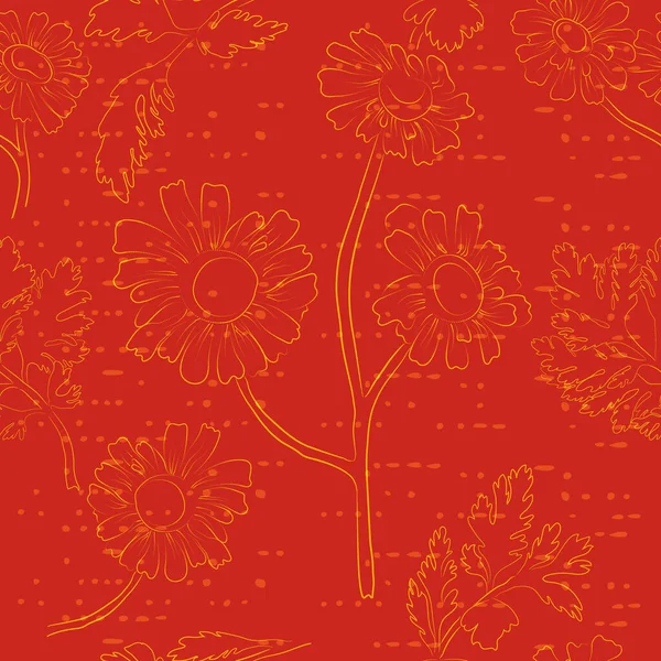 无缝隙图案 黄热病少花与红色背景相映成趣 水平手绘笔划创造纹理效果 任何设计理念的无缝隙背景 — 图库矢量图片