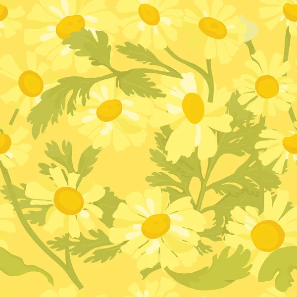 Seamless Pattern Feverfew Spurs Flowers Yellow Background Pattern Floating Feverfew — Stock Vector