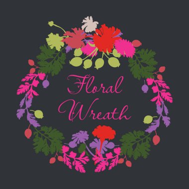 Isolated wreath with flat silhouettes of garden flowers. Colorful flower parts on the dark background with text. Hand-drawn parts of the marigold, calendula, chamomile, and dog rose fruits.