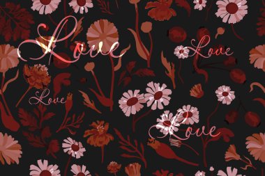 The seamless pattern with duotone pinkish flower parts is isolated on the black background. Hand-drawn parts of the marigold, calendula, chamomile, rose fruits, and words above.