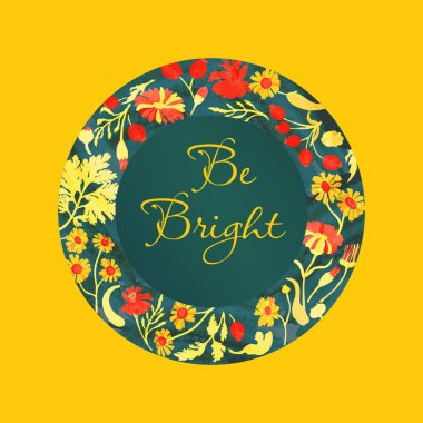 Bright composition with colored marigold, calendula, chamomile, and dog rose fruits. Watercolor texture applied. A turquoise round shape and text in the center. Ocher yellow background.