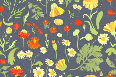 A Seamless pattern with colorful flower parts is isolated on the blue-grey background. Sand-like texture over it. Hand-drawn parts of the marigold, calendula, chamomile, and rose fruits.