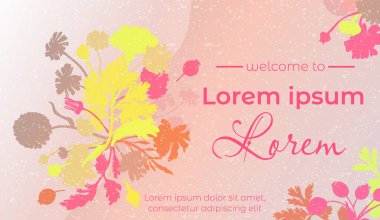 Big pinkish banner with a colorful background, with leaves and flowers made in silhouettes. A snow-like white texture sprayed all over. Plant parts of the Marigold, Calendula, Dog Rose, and Camomile.