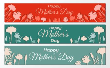 Three web Banners with text and floral composition for Mothers Day. Turquoise and red backgrounds with flowers are made in silhouettes in a paper-cut style. Plant parts of the Marigold or Tagetes.