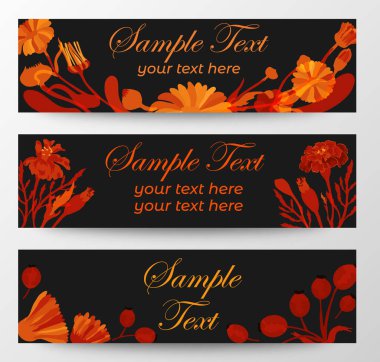 Web Banners with sample text and floral composition. Dark background with vibrant orange-red leaves and flowers. Plant parts of the Marigold, Calendula, Dog Rose, and Camomille.