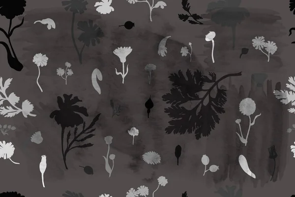 Seamless Pattern Monochrome Flower Parts Isolated Grey Background Watercolor Texture — Vetor de Stock