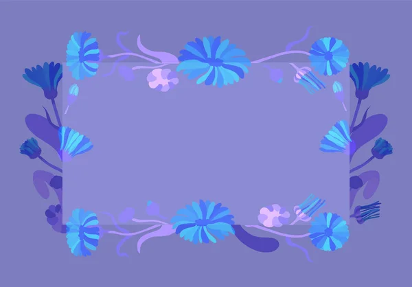 Ζωηρά Λουλούδια Τοποθετούνται Γύρω Από Ένα Ορθογώνιο Σχήμα Μπλε Φόντο — Διανυσματικό Αρχείο