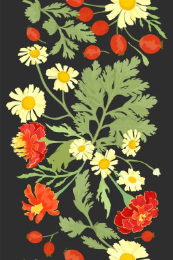 Renksiz bir sınır dikey olarak karanlık bir arka plana yerleştirilir. Sınır Marigold, Calendula, Feverfew ve Dog Rose parçalarından yapılmıştır. Herhangi bir tasarım fikri için çiçek sınırları.
