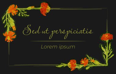 Tamamen renkli çiçekler siyah bir arkaplanda dikdörtgen bir çerçeveye konur. Marigold çiçeklerinden yapılmış ve suluboya dokularla süslenmiş. Herhangi bir tasarım fikri için çiçek çerçevesi.