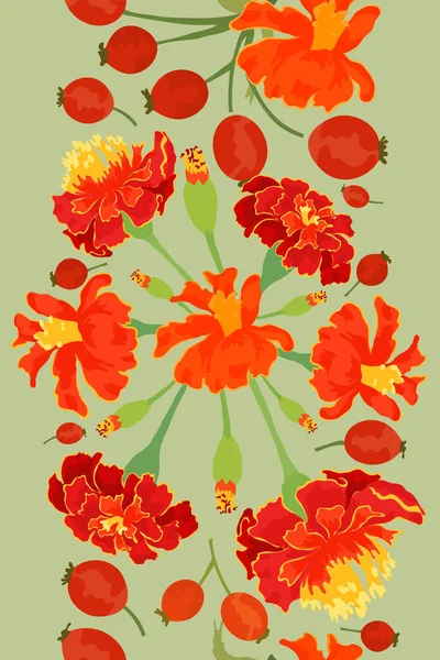 彩色无缝边框垂直放置在浅绿色背景上 边界是由Marigold和Dog Rose两部分组成的 任何设计思想的花边 — 图库矢量图片