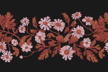 Kusursuz bir sınır 2 renkli yapılmış ve siyah bir arkaplana yatay olarak yerleştirilmiş. Kenar Daisy bitkilerinden yapılmış ve kum benzeri bir desenle süslenmiş. Herhangi bir tasarım fikri için çiçek sınırları.