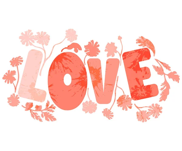 Word Love Mit Handgezeichneten Blumenteilen Drumherum Große Buchstaben Bedeckt Mit — Stockvektor