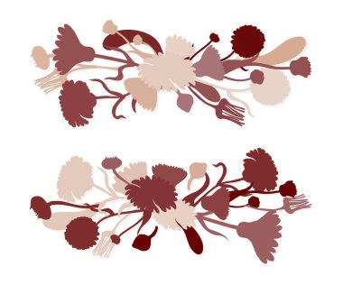 Çiçekler, yapraklar ve meyvelerden yapılmış iki yatay çelenk. Açık gölgeli renkli kompozisyon. Çiçek sınırı bloglar, posterler ve herhangi bir ağ veya yazdırma kullanımı için vintage tarzında.