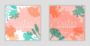 Silüet olarak yapılmış bitkisel parçalı minimalist kare pankartlar. Farklı renklerin dalgalı kısımlarına sahip renkli bir arka plan. İki vektör arkaplanı, posterler, pankartlar, vs..