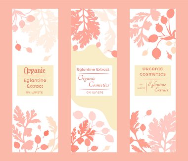 Bitkisel kozmetik, parfüm ya da diğer ürünler için bir grup dar dikey pankart. Sancaklar üzerine ve altına yerleştirilmiş bitki siluetleriyle süslenmiş. Bir pankartın ortasında örnek metin.