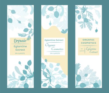 Bitkisel kozmetik, parfüm ya da diğer ürünler için bir grup dar dikey pankart. Sancaklar üzerine ve altına yerleştirilmiş bitki siluetleriyle süslenmiş. Bir pankartın ortasında örnek metin.