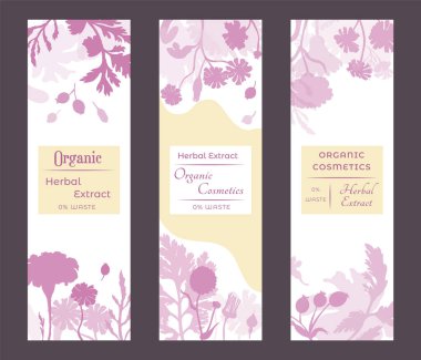 Group of narrow vertical banners for herbal cosmetics, perfumes, or other products. Banners decorated with silhouettes of plants that are placed above and below. Sample text in the center of a banner. clipart