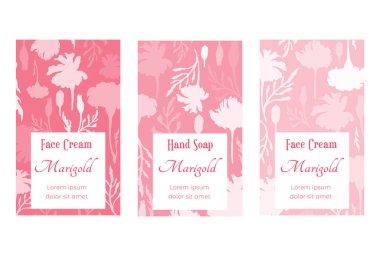 Bitkisel kozmetik, parfüm ya da diğer ürünler için dikey afişler. Sancaklar rastgele bitki parçalarıyla doludur. Hassas bitkisel parçaları olan pastel renkli dikey etiketler.