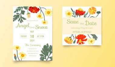 Two elegant invitation cards for the wedding celebration. Hand-drawn flowers on plain backgrounds. Naive hand-drawn botanics style. Vector illustration.